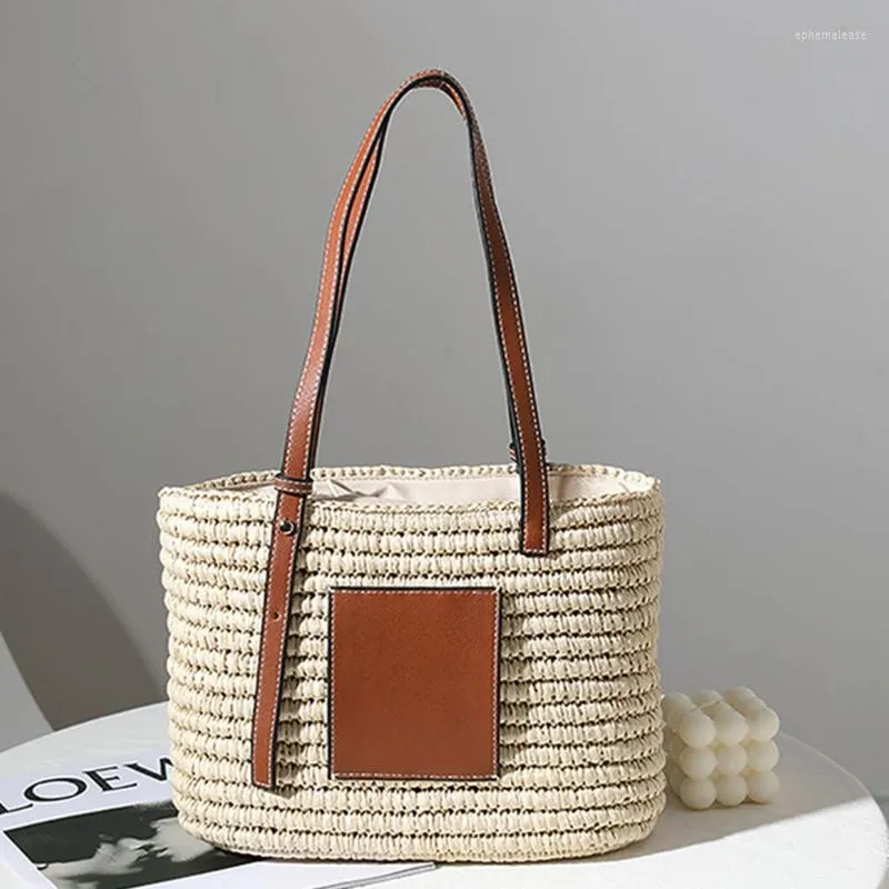 Borse per la spesa Borsa da donna in paglia intrecciata da spiaggia estiva con manico regolabile in ecopelle Borsa a spalla singola grande con coulisse231v