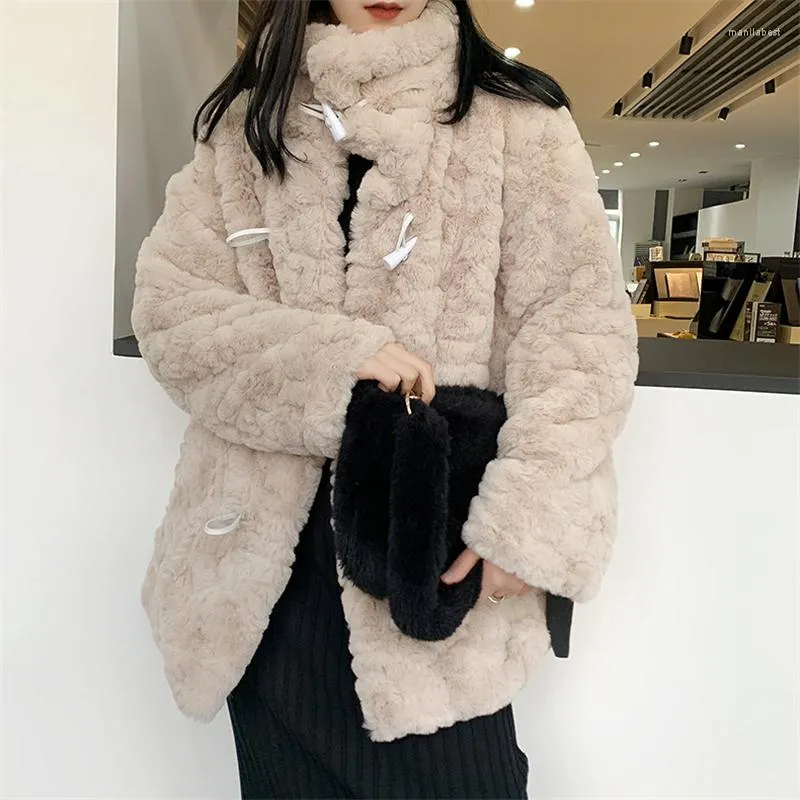 여자 모피 여자 겨울 두꺼운 복사 소녀 혼 버클 코트 숙녀 패션 따뜻한 느슨한 옷깃 플러스 크기 소프트 플러시 zy33