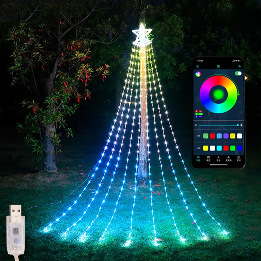 سلاسل Smart Waterfall LED RGB Christmas Fairy Light 9x2.8m App Bluetooth App Flow Water Flow Light مع نجمة حديقة شجرة إكليل