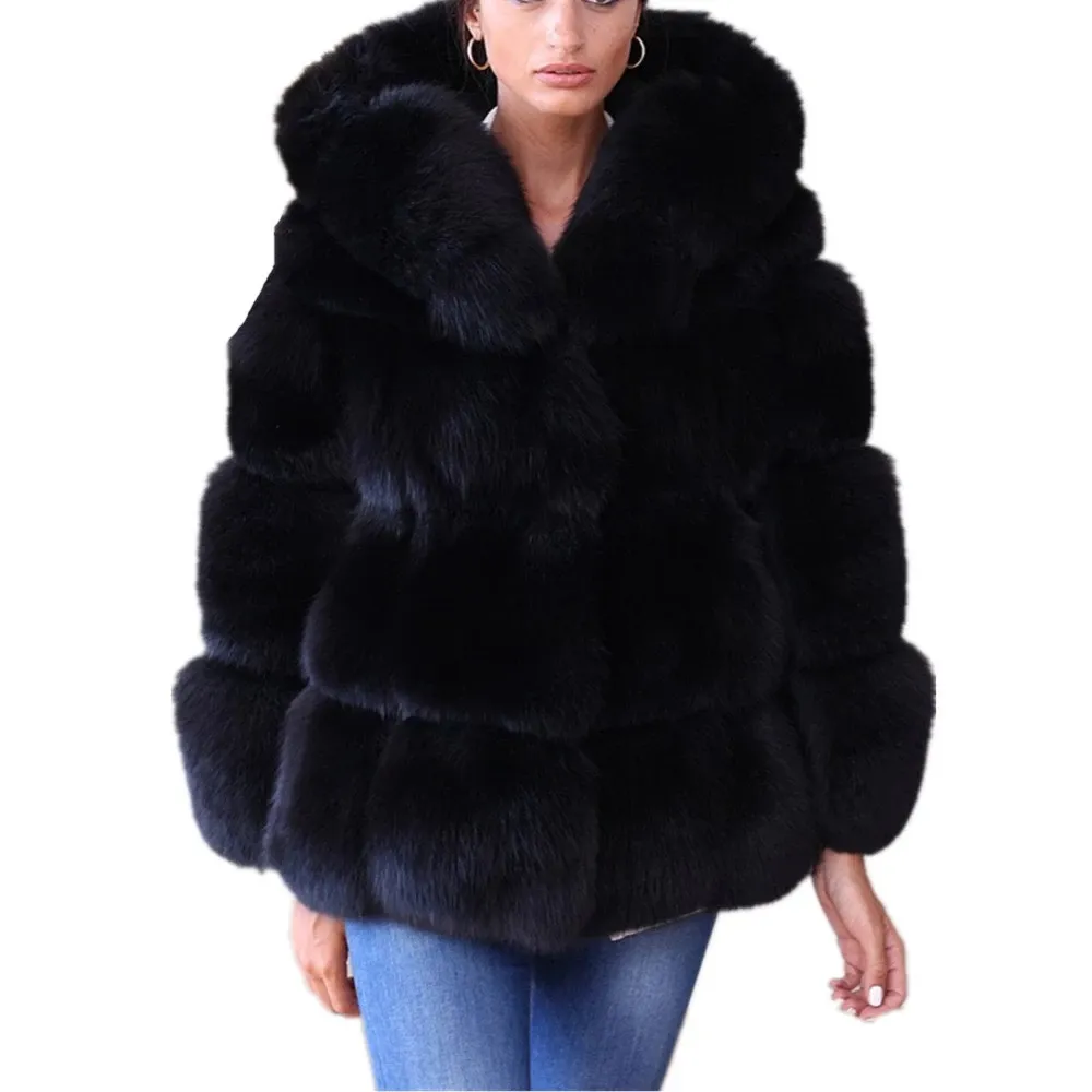 Femmes Élégant Noir Faux Manteau De Fourrure De Renard À Capuche Femme Épais Chaud Fluffy Veste De Fourrure Artificielle