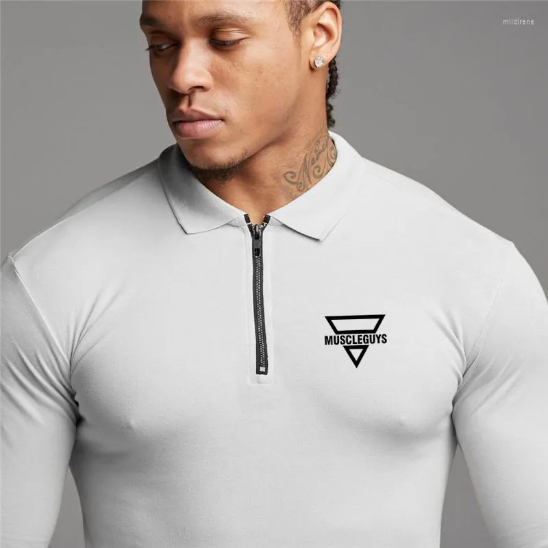 Men's Polos Brand Gyms Fashion Zipper Polo Shirt Mens Muscle Workout Running Breathable Sports Long Sleeve Training Fitness Shirts