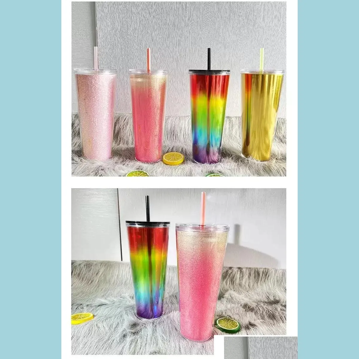 Tumblers 24Oz Plastic Gradient Cups Double Walled Tumbler With Lid And St Travel Cold Drink Cup Lced Coffee Drop Delivery 2022 Home Dhmmq