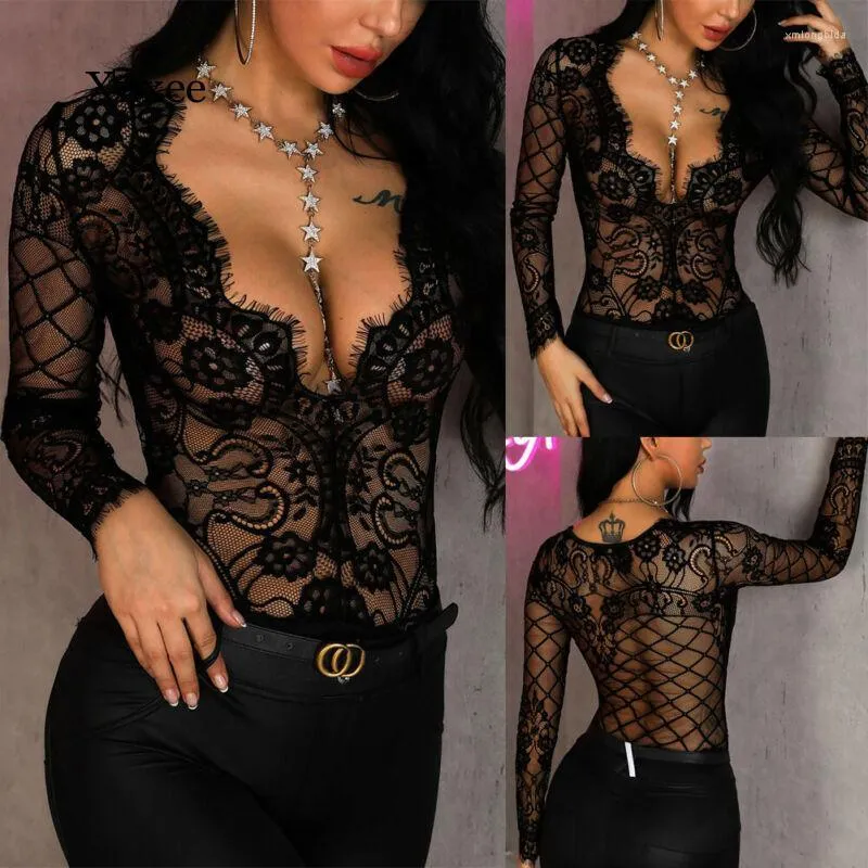 Women's T Shirts Mesh Top Women Sexy See Through Lace Shirt Tops Black Hollow Out Sheer V Neck Transparent Slim Undershirt Tee