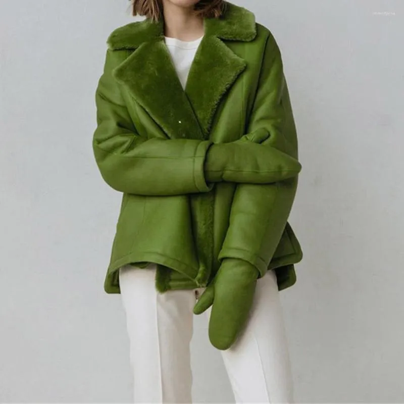 Women's Fur Fashion Two-Sided Wear Jacket Women Winter Plush Thick Warm Faux Coat Turn-down Collar Loose Slit Green