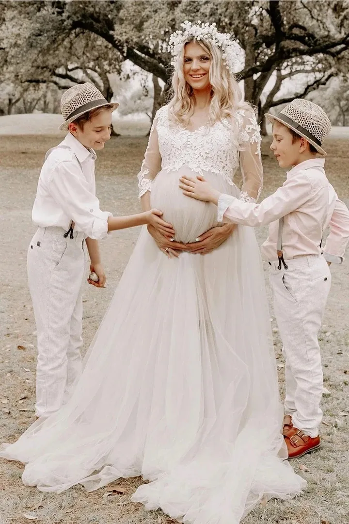 Lace Maternity Tulle Skirt Appliques 3/4 Sleeves Wedding Dress Lace Maternity Tulle Skirt Appliques 3/4 Sleeves Wedding Dress