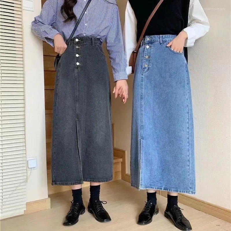 Saias vintage francês dividido jeans de cintura alta feminina HIP LONG SKIRA CAPA A CROTH para mostrar o temperamento fino no meio do comprimento médio