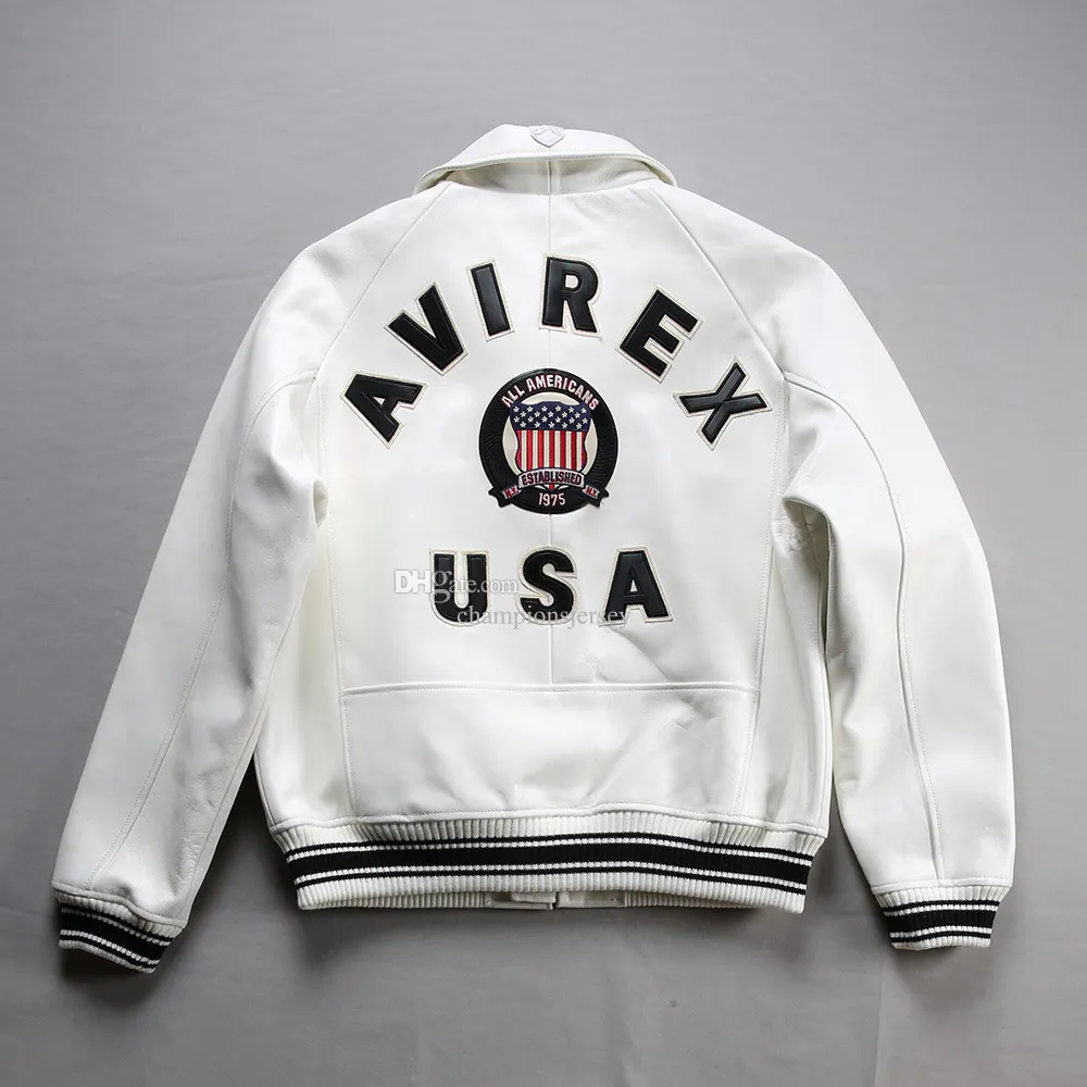 Mens Bomber Jackets 1975 USA White Avirex Lapel Sheepskin Leather Casual Athletic Flight Suit