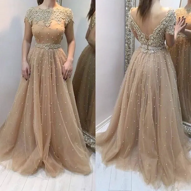 Pearls Beaded Floor Length Prom Dresses A-Line Backless Long Tulle Formal Evening Gowns With Belt Appliques Lace Elegant Party Special Occasion Wear