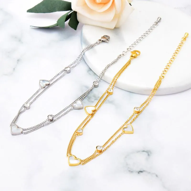Tornozinhos jóias de coração da moda para mulheres White Shell Chain Double Summer Beach Brand Design de aço inoxidável Feminino Z290
