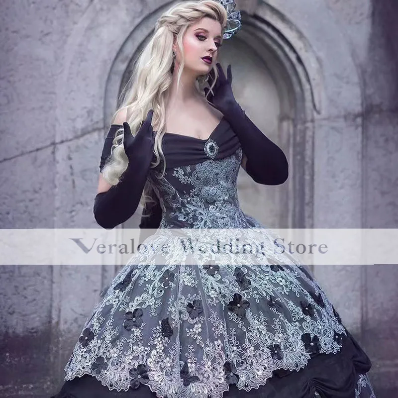 Gothic Black Wedding Dress Off Shoulder Victorian Ball Gown Medieval ...
