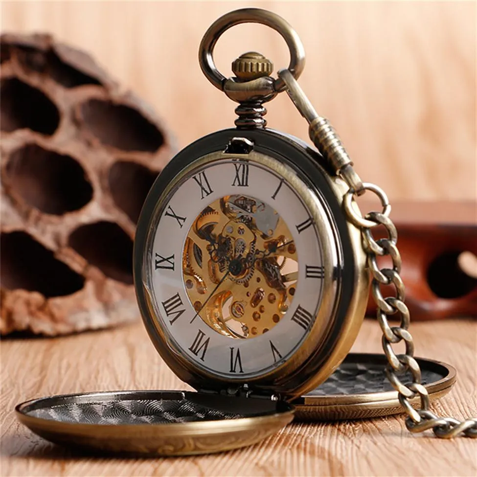 Luxus silberne Bronze Goldene Taschenuhr Vintage Skelett Handwickeln mechanische Uhren Doppeljäger -Hülle FOB -Anhänger Kette195o