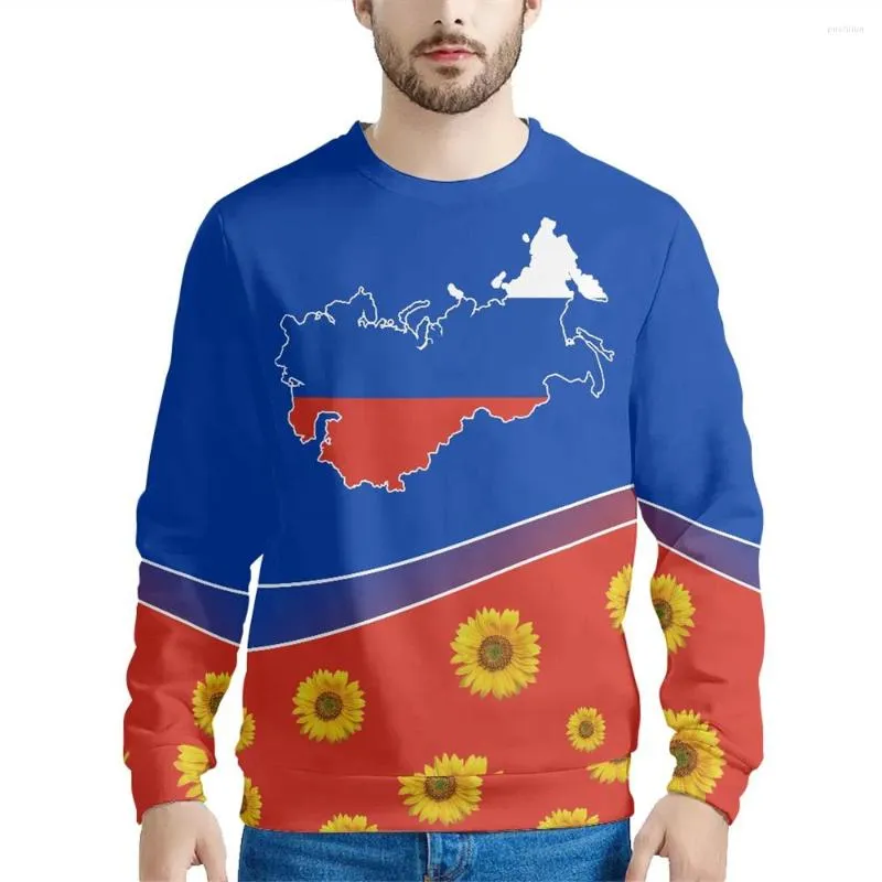 Suéteres para hombres Slim Fit Ropa deportiva para hombres El mapa de Rusia y diseño de estampado de girasoles rojos Hombres Casual Pullover O-cuello Sweatershirt