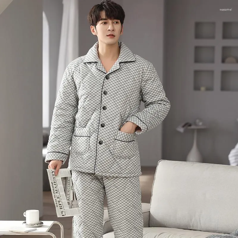 Men's Sleepwear Winter Pajamas Loose M-4XL Men Thick Quilted Pajama Sets Turn-down Collar Home Clothes Coral Fleece Pijama Hombre