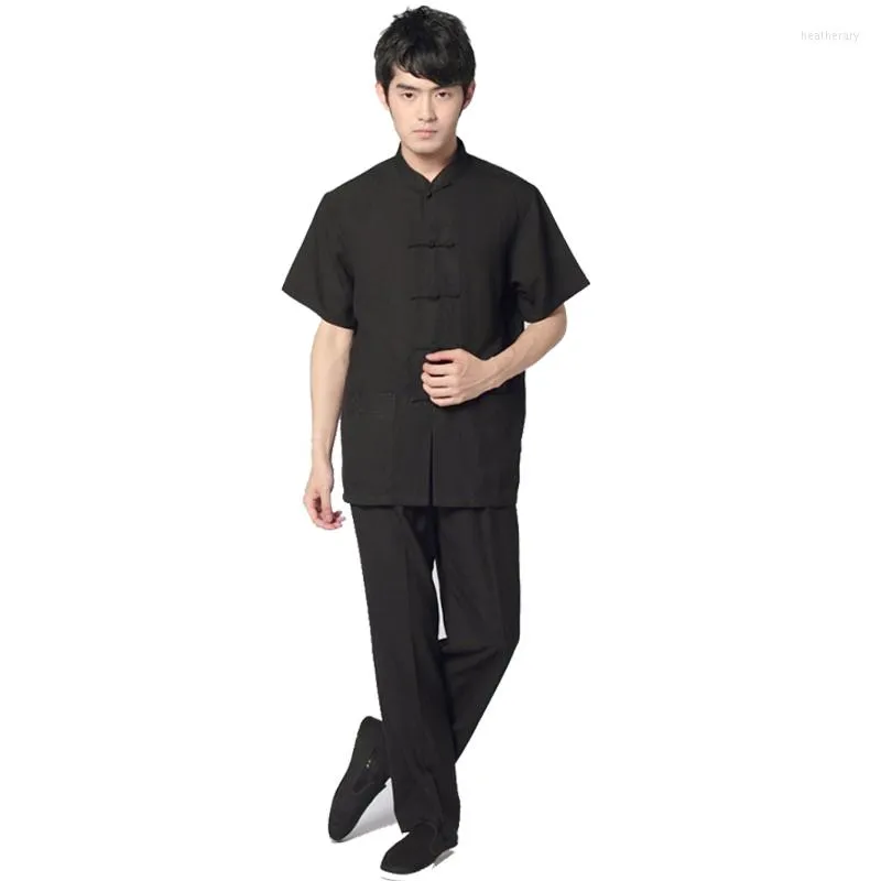 Vêtements ethniques noir chinois traditionnel hommes coton lin costume à manches courtes Wu Shu ensembles chemise pantalon uniforme S M L XL XXL