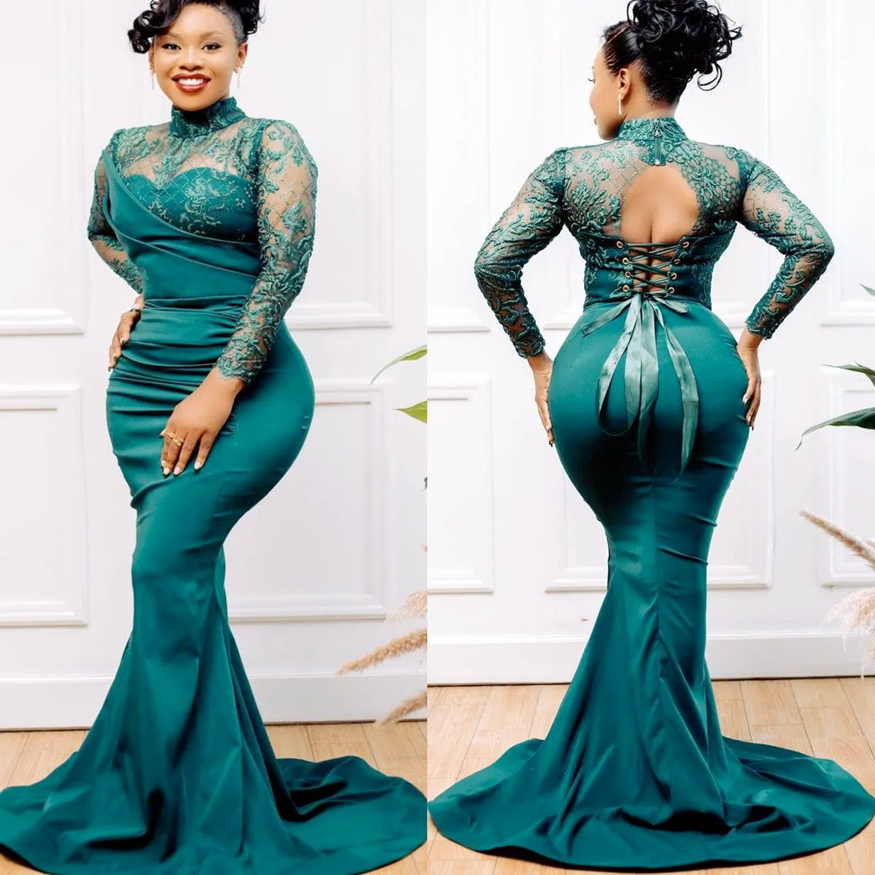 Aso Ebi Lace Stain Mermaid Prom Dresses lange mouwen Hunter Green African Evening Second Reception Birthday Engagement Dress