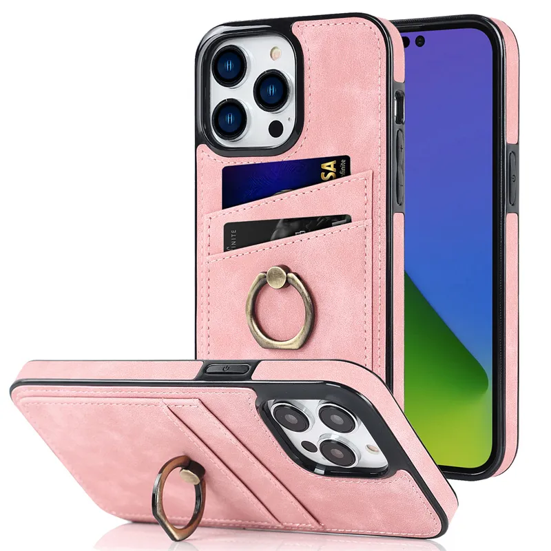 Ring Phone PU Leather Case For iPhone 15 14 13 12 11 Pro Samsung Note20 S22 A22 A32 A33 A52 Cards Slots Shockproof Wallet Protection Stand Holder Phone Bags Cover