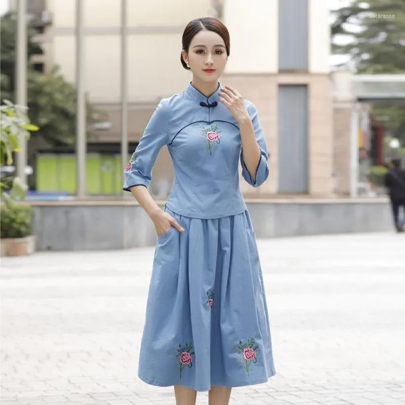 Etnische kleding traditioneel Chinees voor vrouwen plus size borduursets lange mouw cheongsam katoenen buckle hanfu