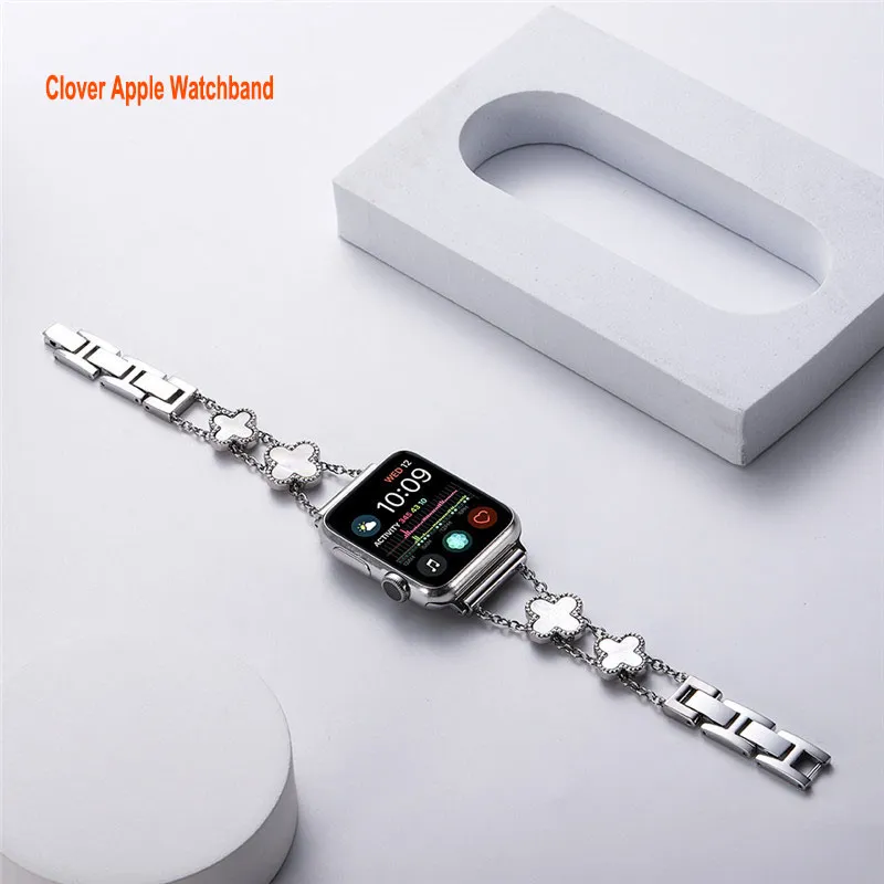 Metal Bracelet Four Leaf Clover Smart Straps for Apple Watch Band 38mm 40mm 42mm 44mm 41mm 45mm Quick Release Compatible with Iwatch Series 8 7 6 5 4 3 2 1 Strap Men Women