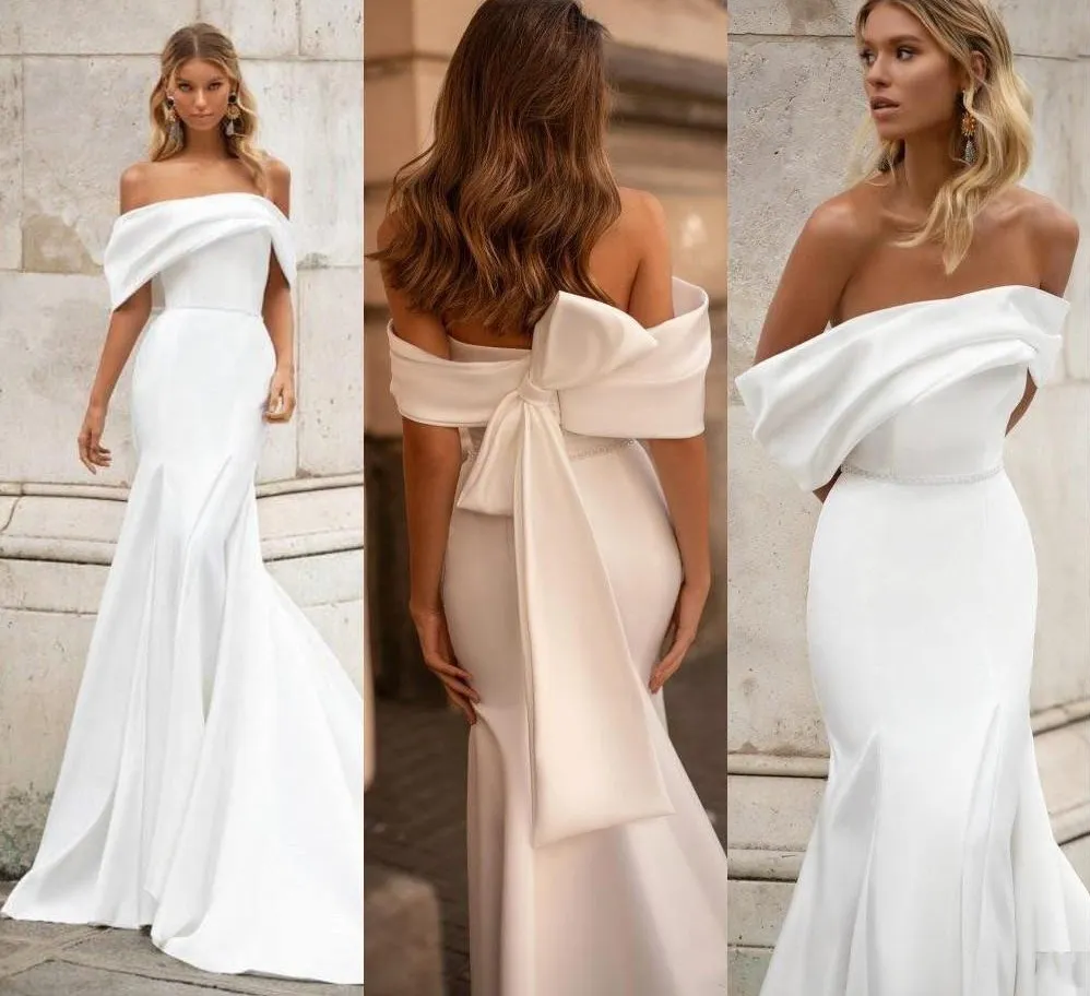 Eenvoudige strapless satijnen zeemeermin trouwjurk 2023 kralen riem plooien bruidsjurken met grote boogvestidos de novia robe de mariage