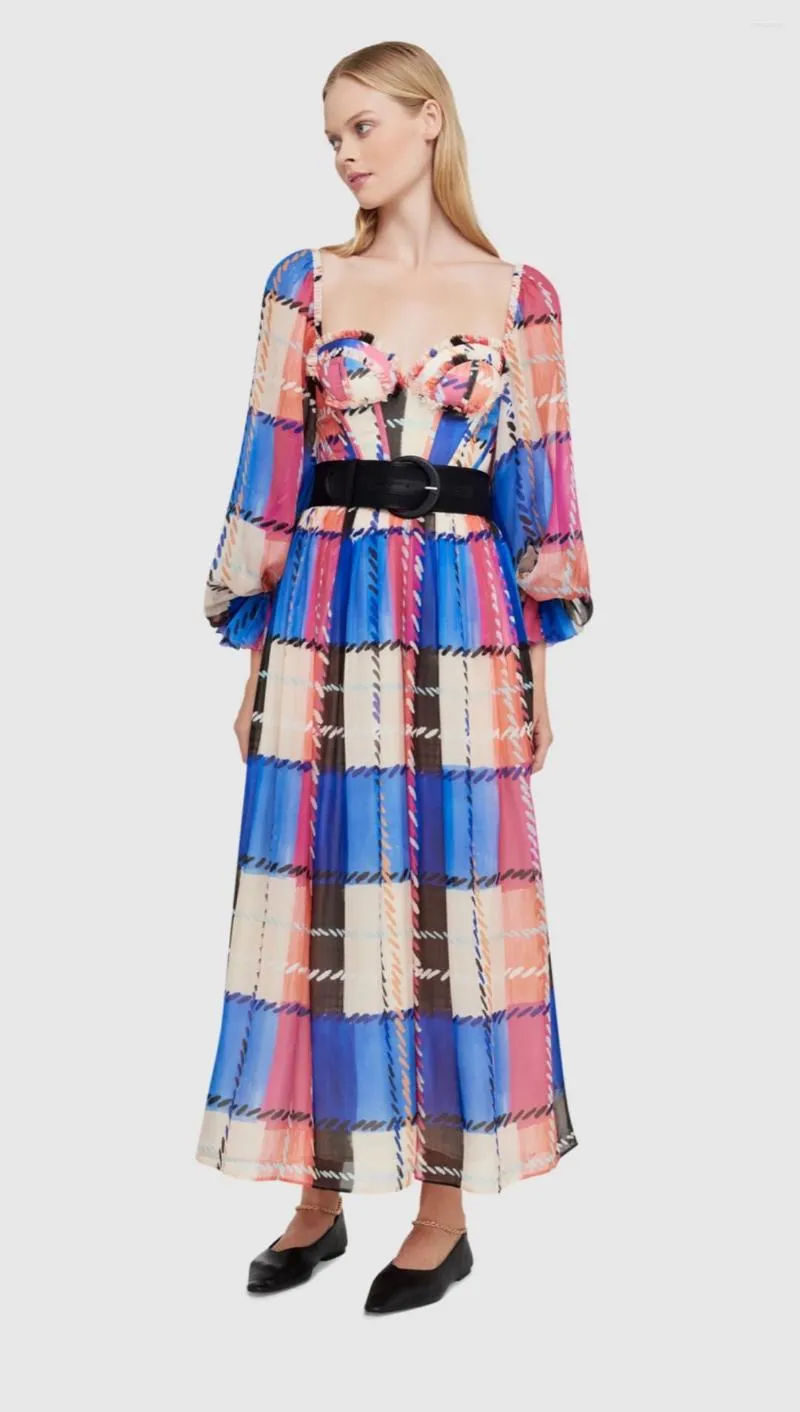 Casual Kleider Seide Frauen Hohe Taille Maxi Kleid Lange Hülse Lose Quadrat Kragen Sommer 2022 Weibliche Plaid Robe Mit Schärpen