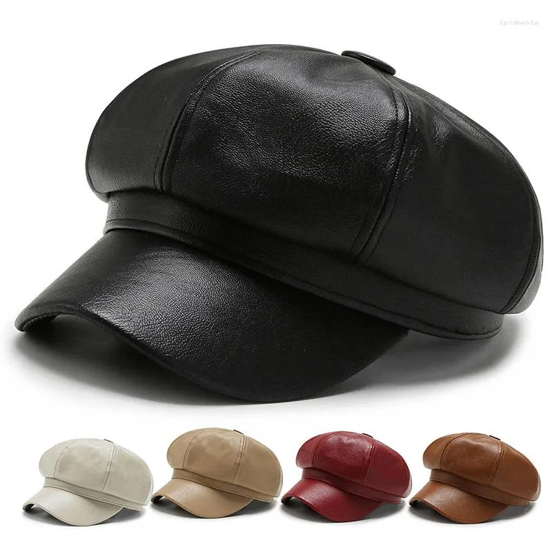 Berets 2022 Fashion Solid Color Pu кожа Sboy Cap Artist Women Корейский восьмиугольный весенний зимний повседневное регулируемое берет