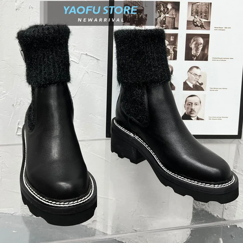 Kvinnor 2022 Fashion Winter Ankel Martin Boots Sock Pull On Shoe Thick Chunky Platofrm Sole Low Block Heel Round Toe Real Leather