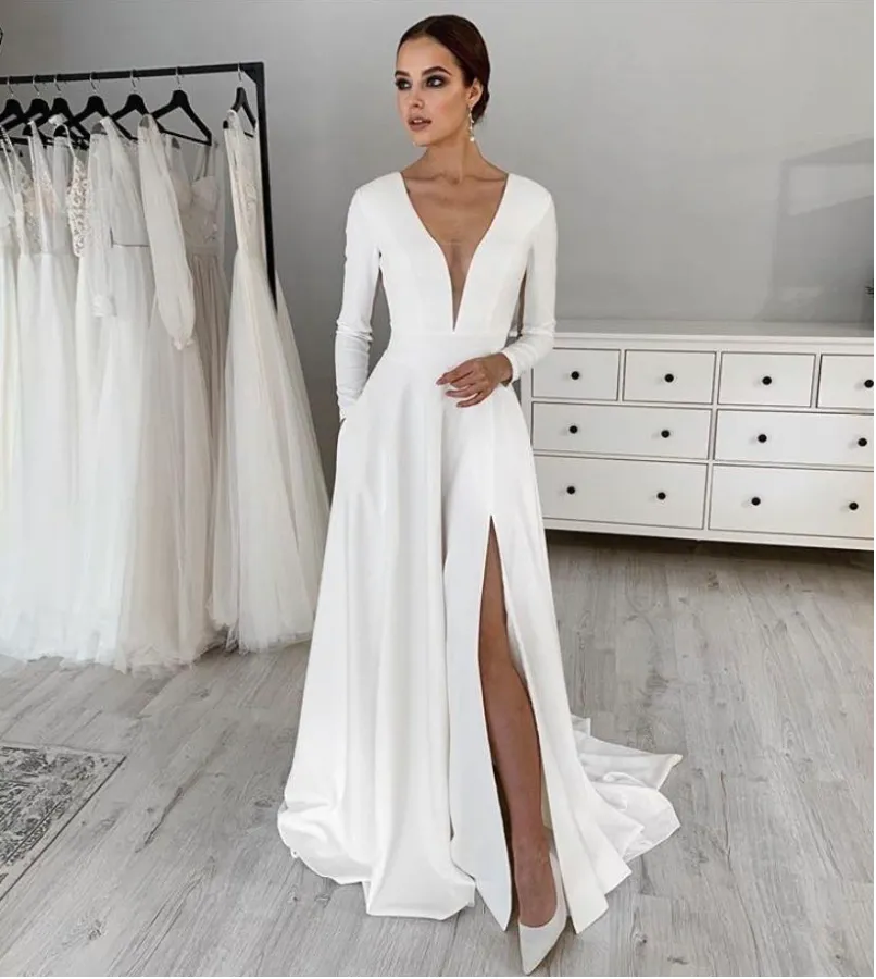 Abito da sposa in raso elasticizzato autunnale con scollo a V Abiti da festa Maniche lunghe Robe De Soiree Abiti da sposa