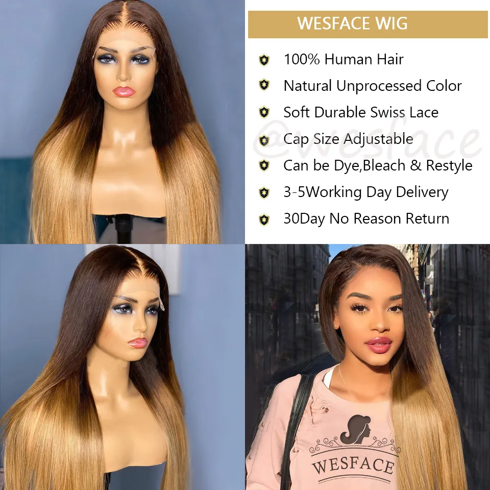 Erweiterungen Verschluss Frontal Long gerade Ombre Braun Blondine 134 Spitzenfront für schwarze Frauen brasilianische menschliche Remy -Haar Perücken