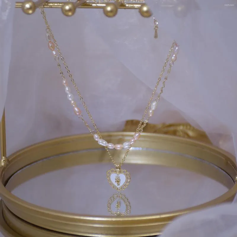 Ketten Ins Zarte Süßwasser Perle Doppelschicht Anhänger Halsketten Für Frauen Kette Choker Herz Charme Halsketten Geschenk