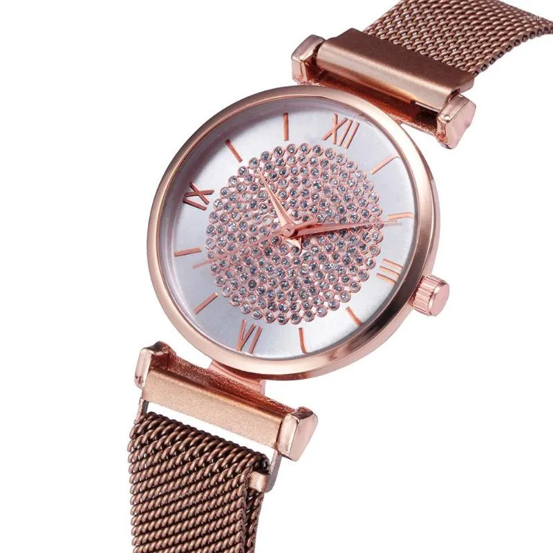 Wristwatches Rose Gold Women Watch 2022 Top Roman Diamond Magnetic Starry Sky Lady Wrist Mesh Female Clock For A3812