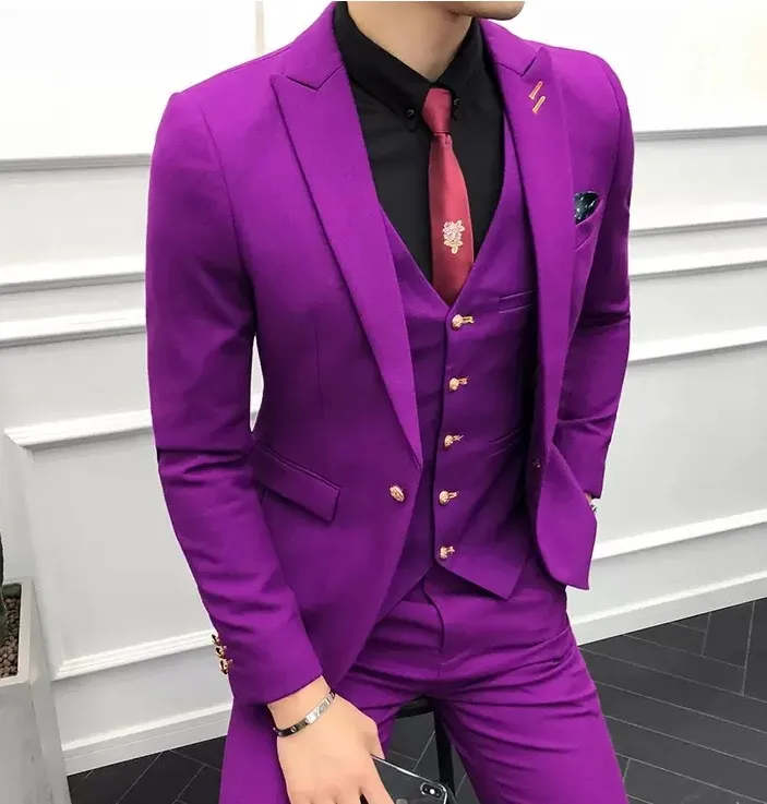 3PC kostym m￤n lila helt nya smala fit Business Formal Wear Tuxedo H￶gkvalitativ br￶llopskl￤nning Mens kostymer Casual Costume Homme