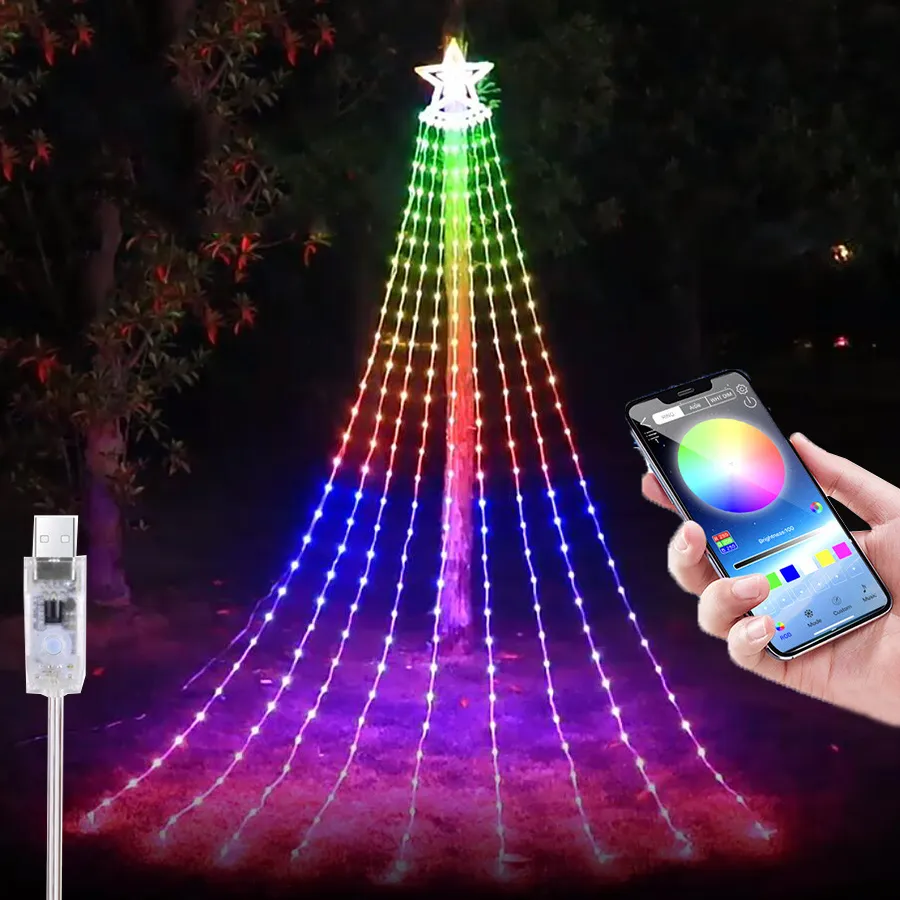 2,8m LED String Light Light Bluetooth App Control Christmas Star Fairy Light Outdoor Smart RGB Cachoeira para decoração de férias