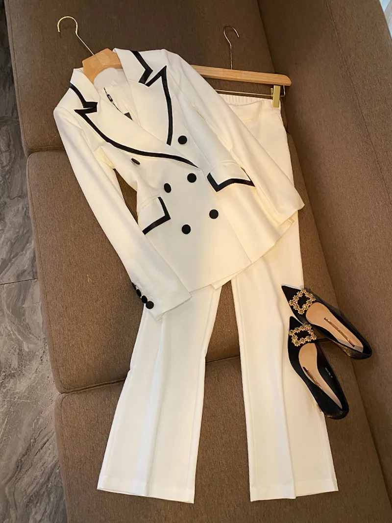 2022 Autumn White Contrast Color Two Piece Pants Sets Long Sleeve Notched-Lapel Single-Breasted Blazers Top & Wide Leg Trousers Pants Suits Set M2O29327