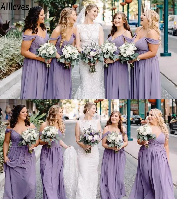 Lilac Flowy Chiffon A Line Bridesmaid Dresses Sexy Off Shoulder Neck With Straps Maid Of Honor Gowns Plus Size Pleats Simple Boho Wedding Guest Prom Party Dress CL1329