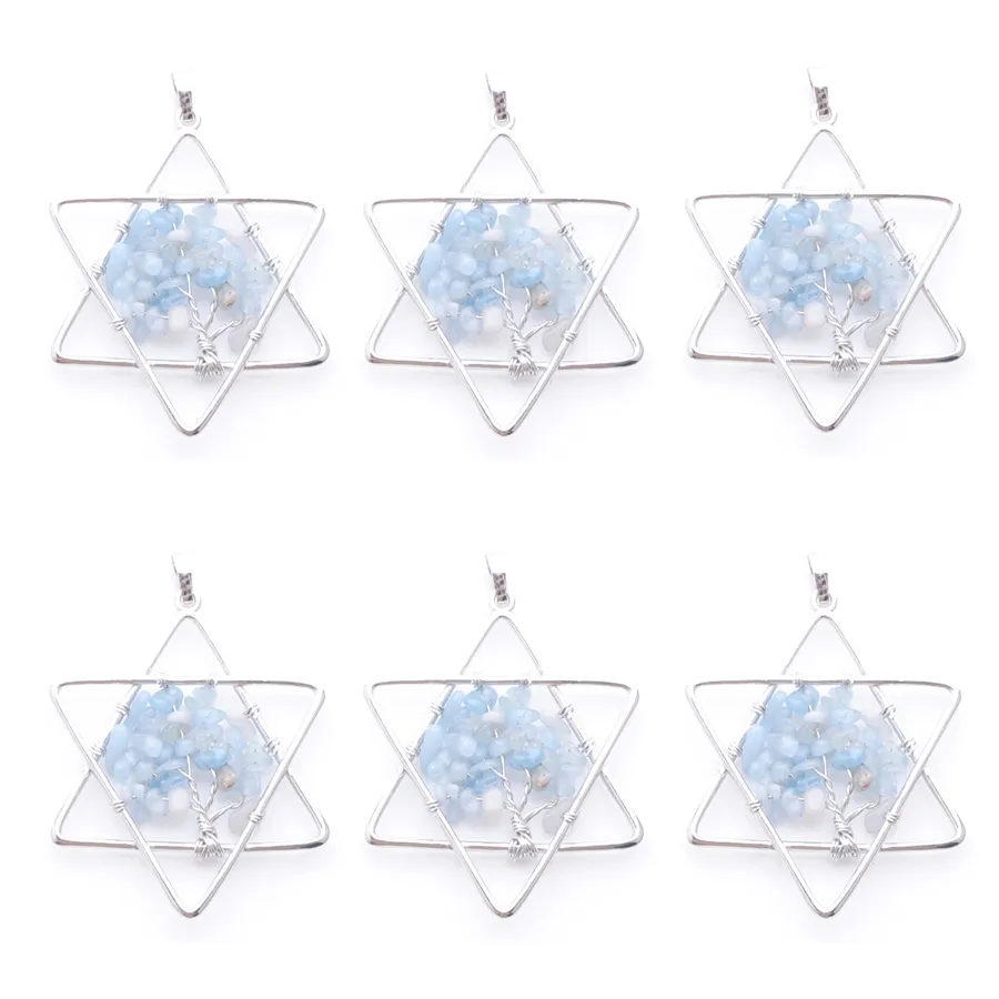 Natural Stone Aquamarine Tree Of Life Handmade Wire Color Wire Wrapped Star Pendants For Jewelry Marking N3807