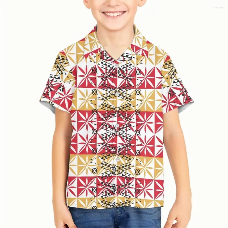 Men's Casual Shirts Short Sleeve Turn-down Collar Kids Top School Polynesian Tribal Clothing Samoan Colorful Tapa Flower Print Custom Shirt