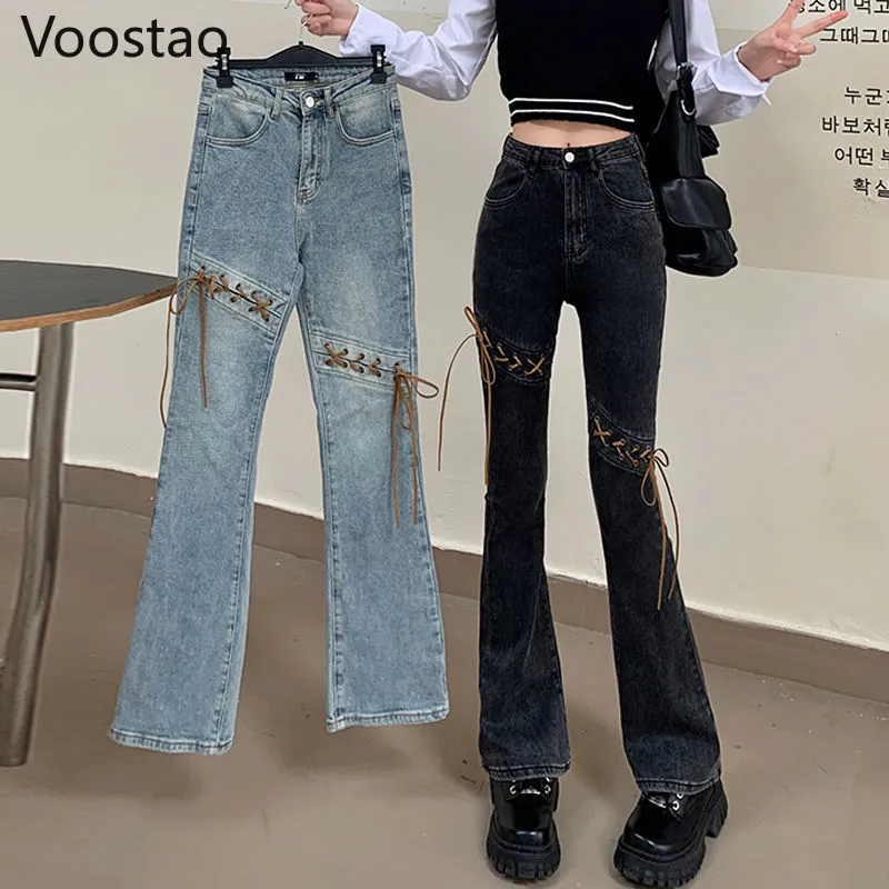 QNPQYX New Vintage Gotico Vita Alta Pantaloni Denim Primavera Autunno Donna Dolce Chic Fasciatura Slim Flare Pantaloni Donna Y2k Punk Jeans Pantaloni