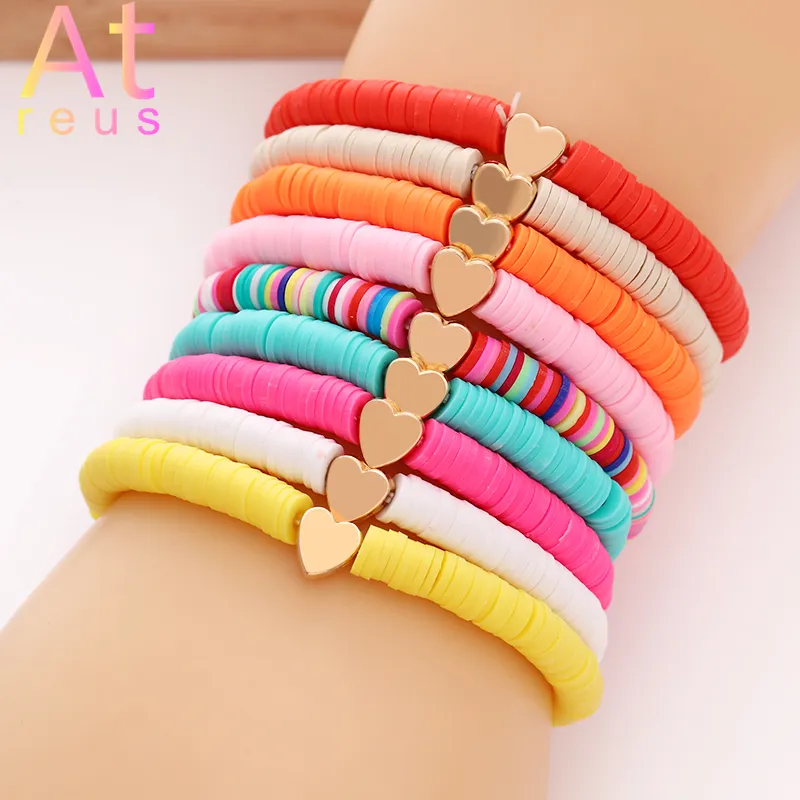 9 Color Heart Charms Armband för tjej Multicolor Polymer Clay Flat Beads Armband Set Women Boho Etniska smycken