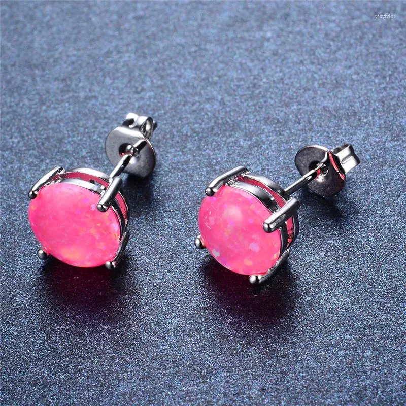 Stud Earrings 8MM Round Pink Fire Opal Stone For Women Rose Gold Silver Color Charm Multicolor Wedding Fashion Jewelry
