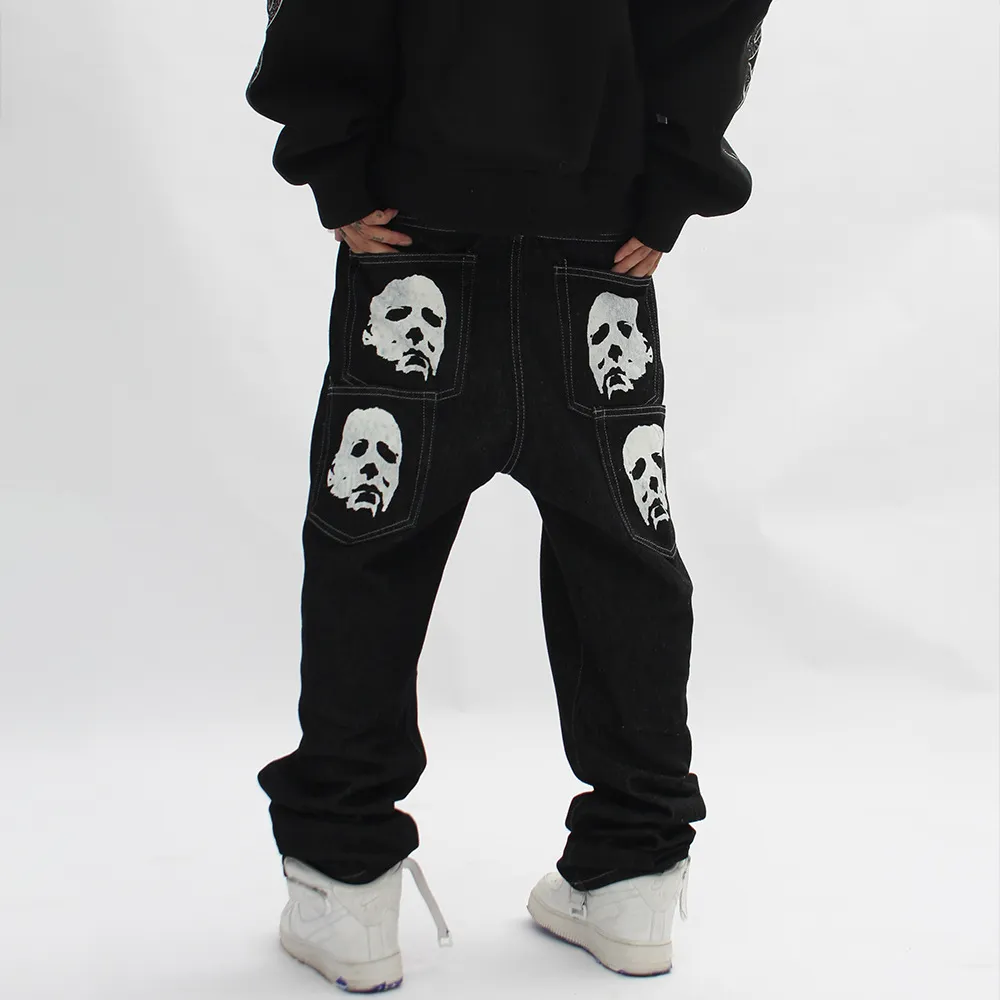 Męskie dżinsy Michael Myers Baggy Man Trendyol Mężczyźni Szkieletowe spodnie Y2K Drukuj Hip Hop Ogiemności Vintage Streetwear szerokość nóg Szerokość nóg