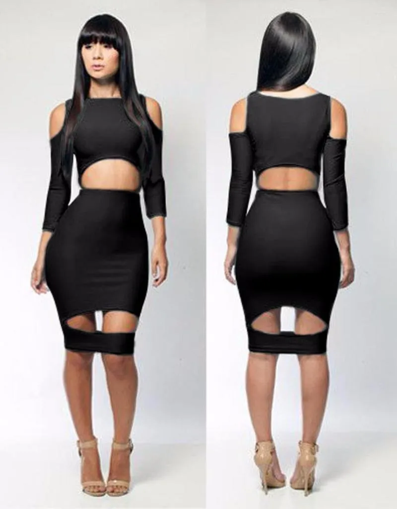 Casual Dresses Long Sleeve Bodycon Cut Out Midi White Black Solid Club Bandage Summer Dress Hollow