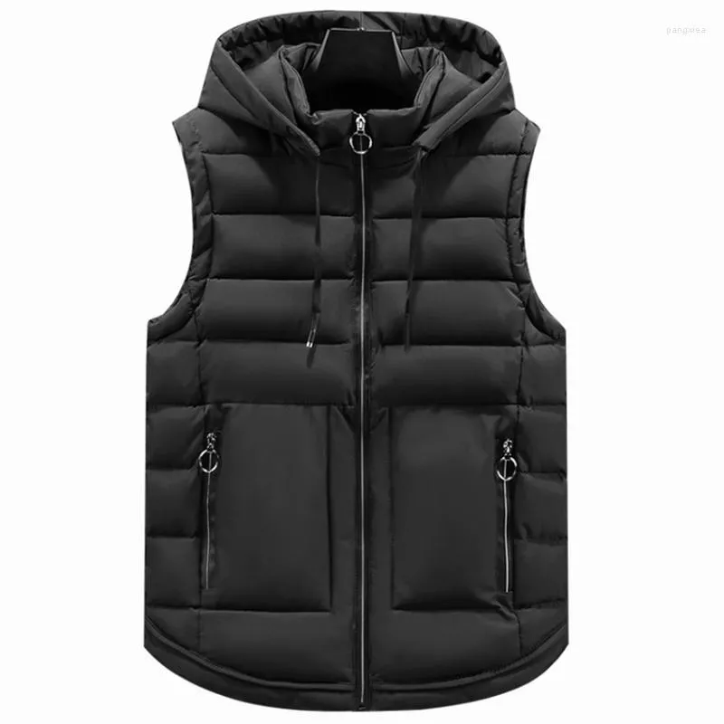 Herrvästar 2022 varumärke Autumn Winter Sleeveless Jackess Men's Black Vest Hooded Classic Warm Thick Zipper Solid Cotton Padded Waistcoat