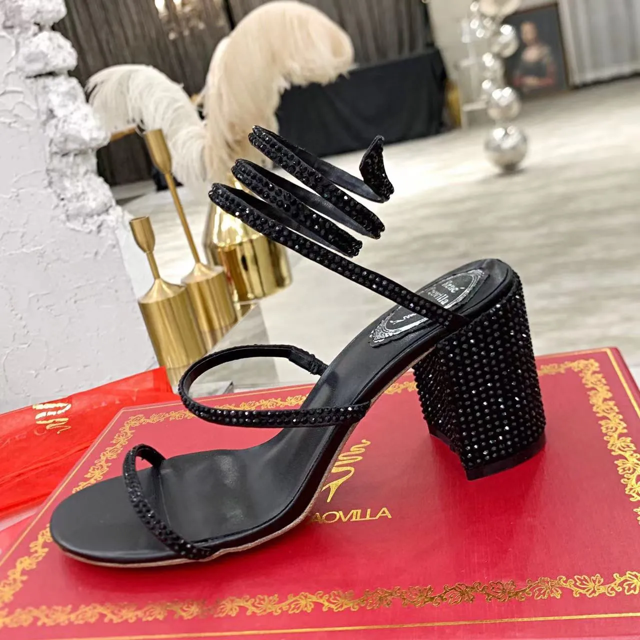 Cleo Crystals Embellished Chunky Heels Sandals Rhinestone Black Evening  Shoes Women High Heeled75mm Luxury Designers Wraparound Dress Shoe From  Shoesstore100, $82.42 | DHgate.Com, image size:1280x1280