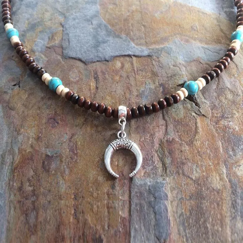 Choker Men's Turquoise Necklace Ox Horn Wooden Beaded