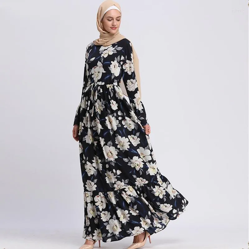 Robes décontractées Moyen-Orient Dubaï Musulman Doux Hijab Robe Femmes Imprimer Floral À Lacets Big Swing Abaya Musulman Islamique Vêtements Kimono