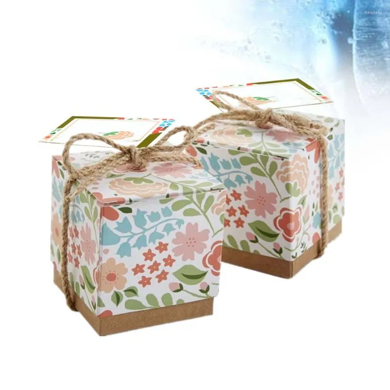 Gift Wrap 50PCS Flower Printed Candy Box DIY Square Vintage Kraft Boxes Packaging With Twine