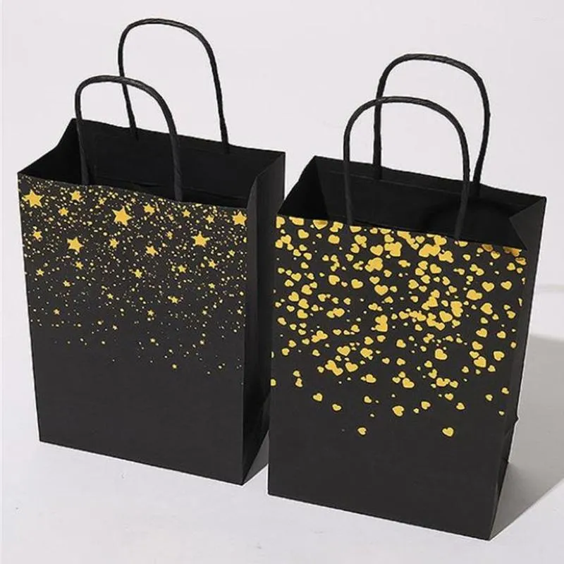 Geschenkwikkeling 5 pc's zwarte kraft papieren zakken met handgrepen gouden ster hart feestje winkelen voor verjaardag bruiloft 15x8x21 cm