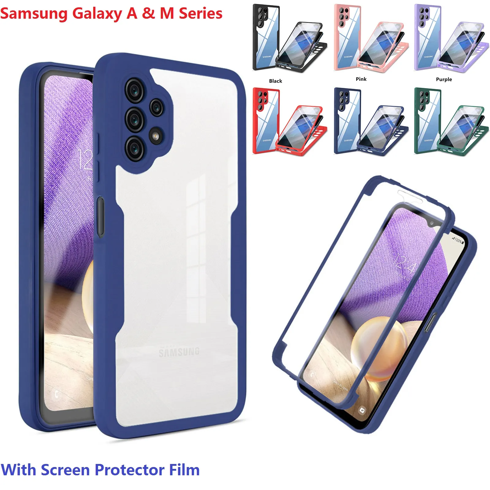 Samsung Galaxy A13 A10S A20S A52S A50 A20 A30 A12 A21S M12 M22 A22 M32 A32 A32ケースフィルムスクリーンプロテクターバンパーカバーのためのシリコン360°ダブルサイドケース