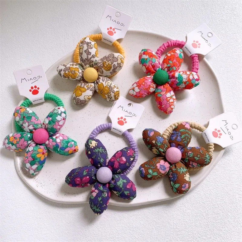 2022 New Korean Fashion Children's Hair Accessories Sweet Girl Simple Small Fresh Floral Fabric Cotton Filled Flowers Hair Rope