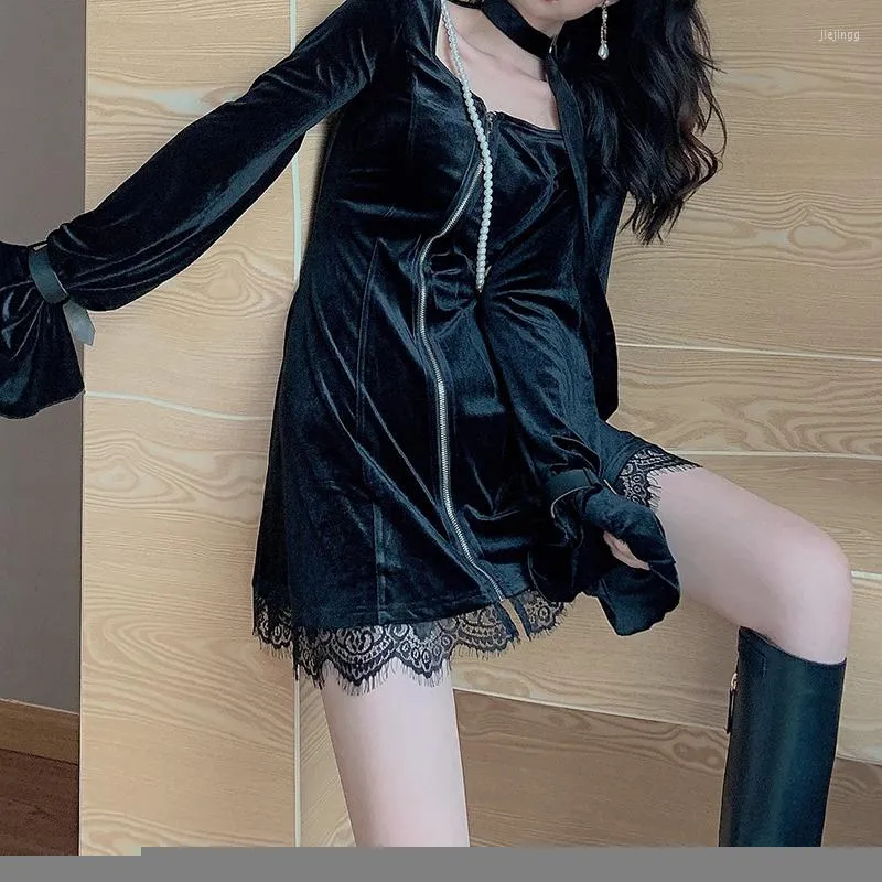 Casual Dresses Goth Velvet Women Dress Girl Evening Party Lace Square Collar Långärmad kvinnlig dragkedja Punk Autumn Winter 2022